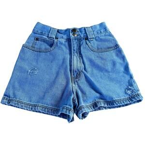 Vintage 90s Size XS High Rise Distressed Med Blue Wash Cotton Denim Shorts USA